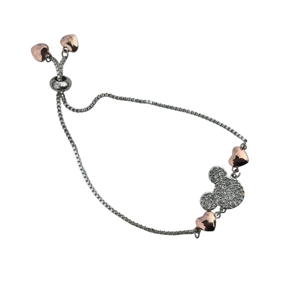 Mickey Mouse Disneyana Slide Adjustable Bracelet Silver Crystal Rose Gold Hearts
